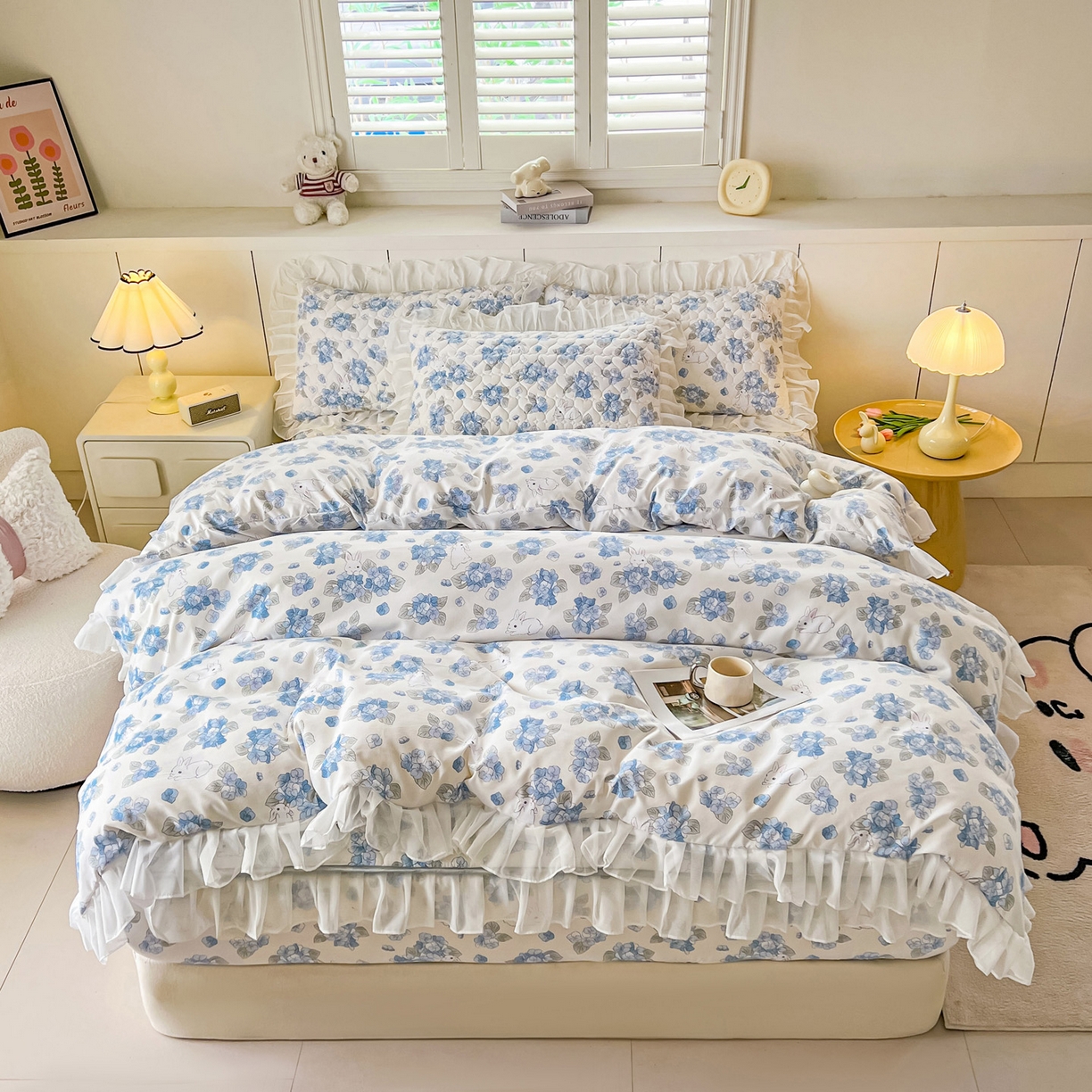 91家纺网 家纺一手货源 找家纺 眠势力 2025新款韩版花边夹棉床笠单件公主风四季款床垫保护套床罩 兰花兔