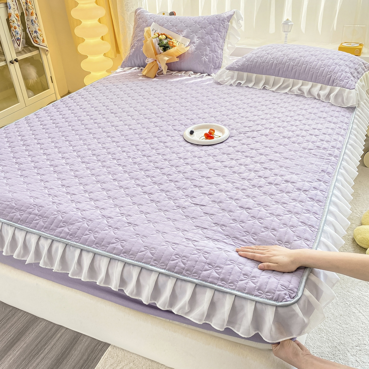 91家纺网 家纺一手货源 找家纺 眠势力 2025新款韩版花边夹棉床笠单件公主风四季款床垫保护套床罩 纯色系-优雅紫