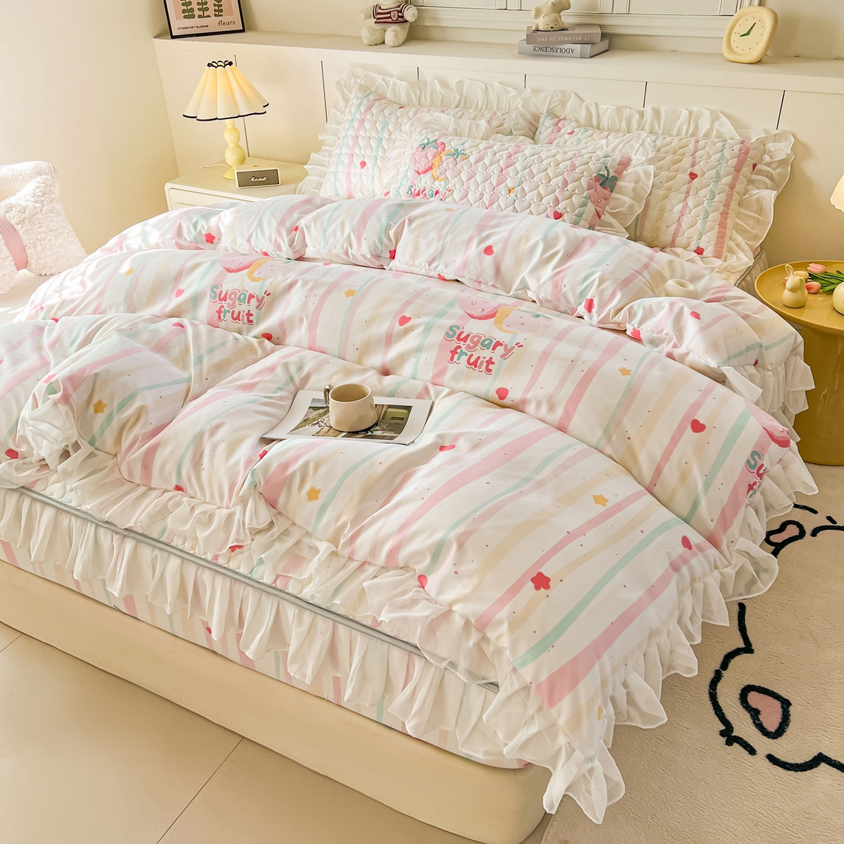 91家纺网 家纺一手货源 找家纺 眠势力 2025新款韩版花边夹棉床笠单件公主风四季款床垫保护套床罩 糖果草莓