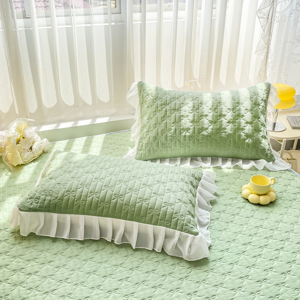 91家纺网 家纺一手货源 找家纺 眠势力 2025新款韩版花边夹棉床笠单件公主风四季款床垫保护套床罩 纯色系-果绿