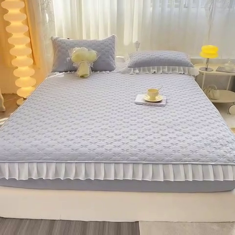 91家纺网 家纺一手货源 找家纺 眠势力 2025新款韩版花边夹棉床笠单件公主风四季款床垫保护套床罩 纯色系-冰山灰