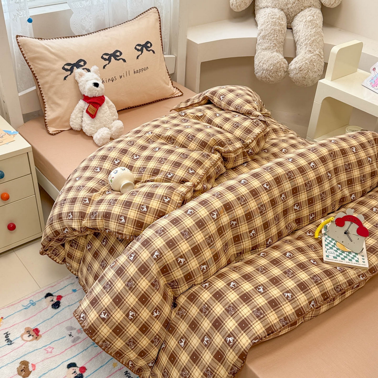 91家纺网 家纺一手货源 找家纺 沐辰 2025新款全棉双层纱A类贝壳边学生床三件套 好运蝴蝶结