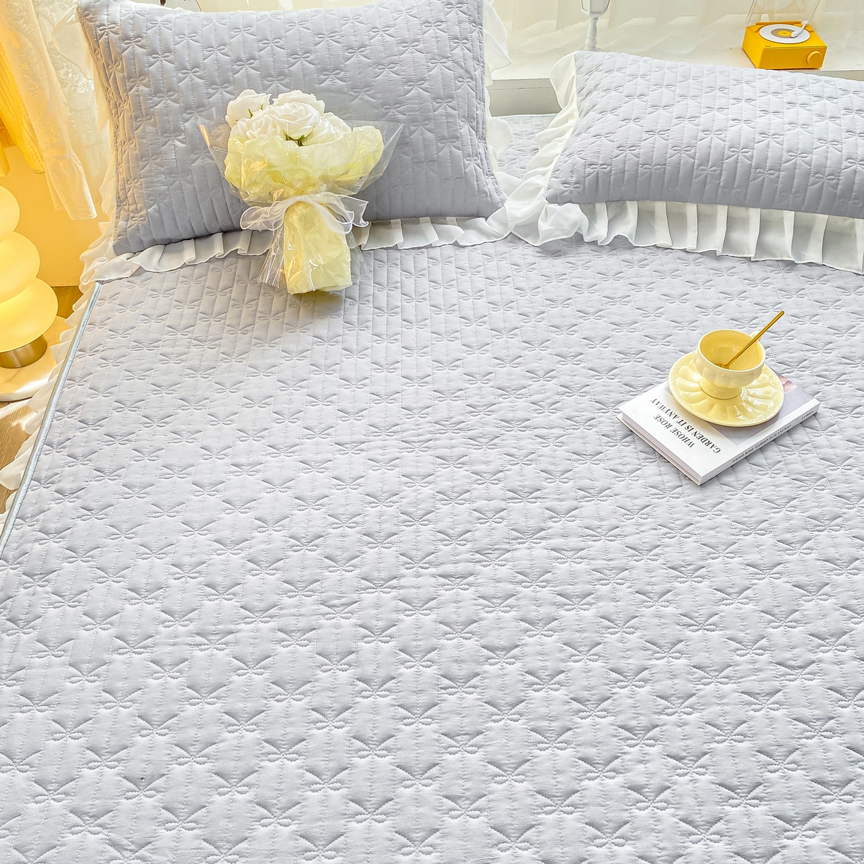 91家纺网 家纺一手货源 找家纺 眠势力 2025新款韩版花边夹棉床笠单件公主风四季款床垫保护套床罩 纯色系-冰山灰