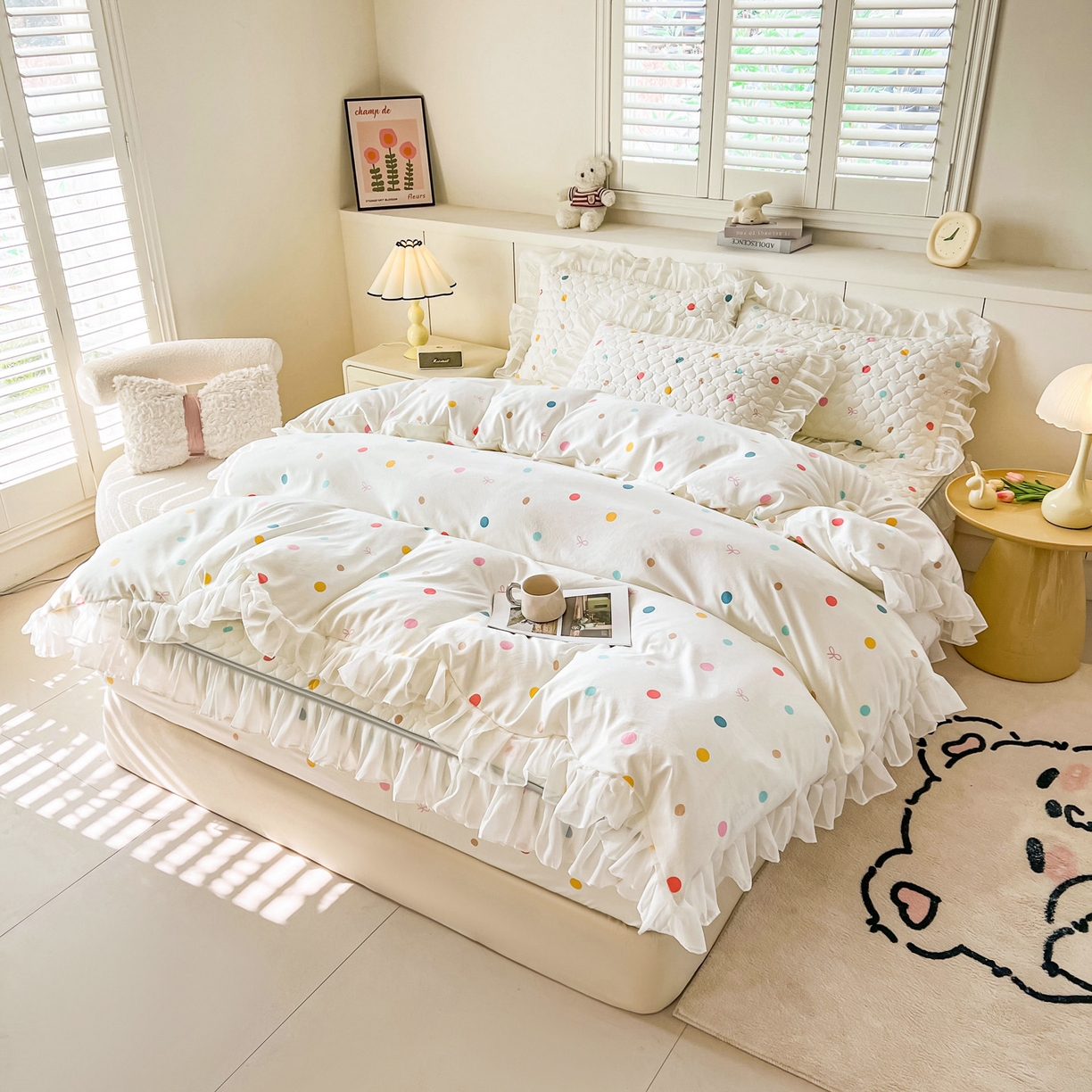 91家纺网 家纺一手货源 找家纺 眠势力 2025新款韩版花边夹棉床笠单件公主风四季款床垫保护套床罩 彩色波点