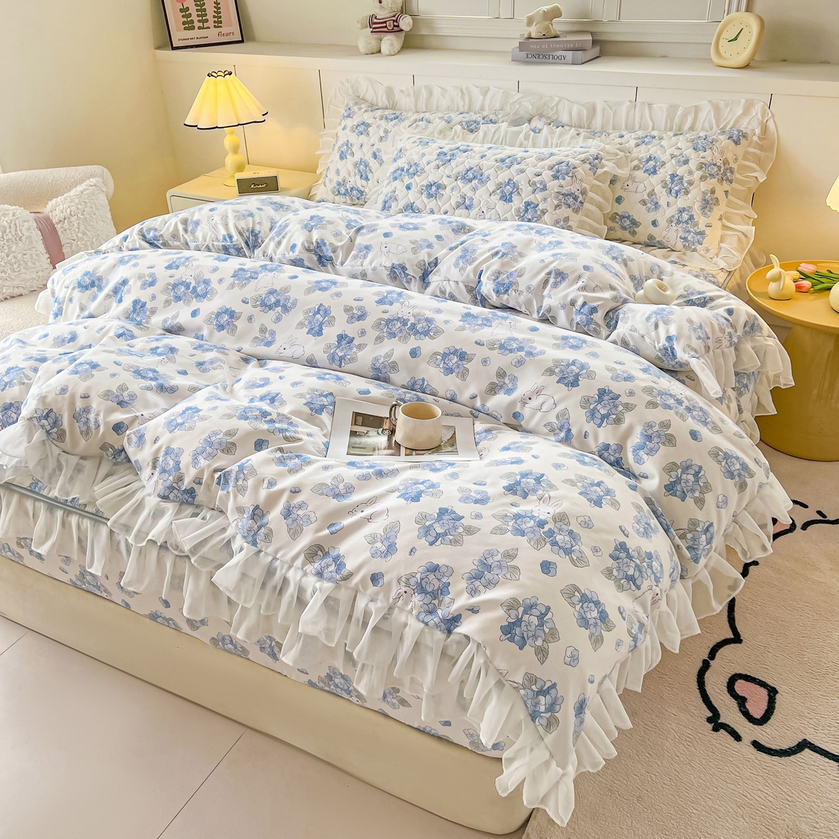 91家纺网 家纺一手货源 找家纺 眠势力 2025新款韩版花边夹棉床笠单件公主风四季款床垫保护套床罩 兰花兔