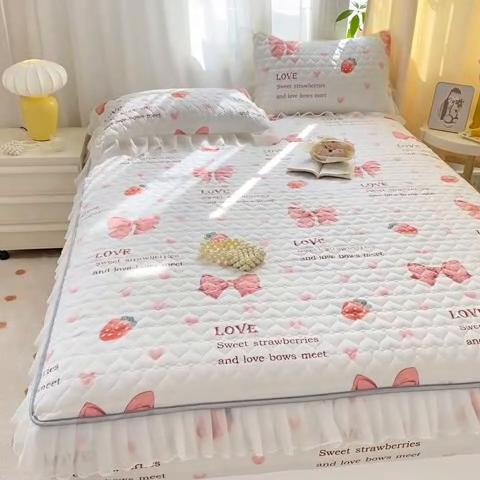 91家纺网 家纺一手货源 找家纺 眠势力 2025新款韩版花边夹棉床笠单件公主风四季款床垫保护套床罩 蝴蝶结