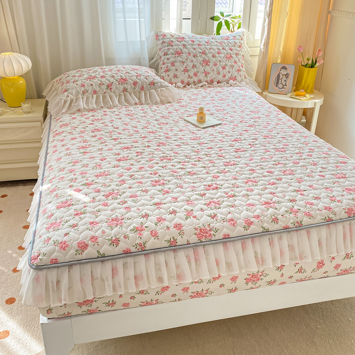91家纺网 家纺一手货源 找家纺 眠势力 2025新款韩版花边夹棉床笠单件公主风四季款床垫保护套床罩 粉小花