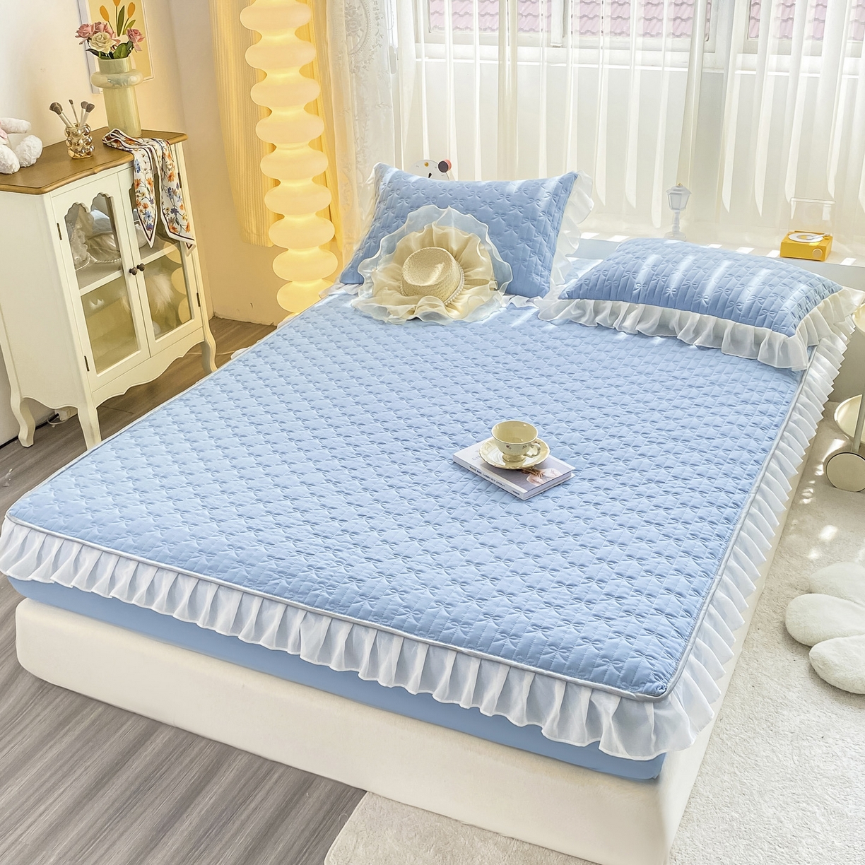 91家纺网 家纺一手货源 找家纺 眠势力 2025新款韩版花边夹棉床笠单件公主风四季款床垫保护套床罩 纯色系-湖蓝
