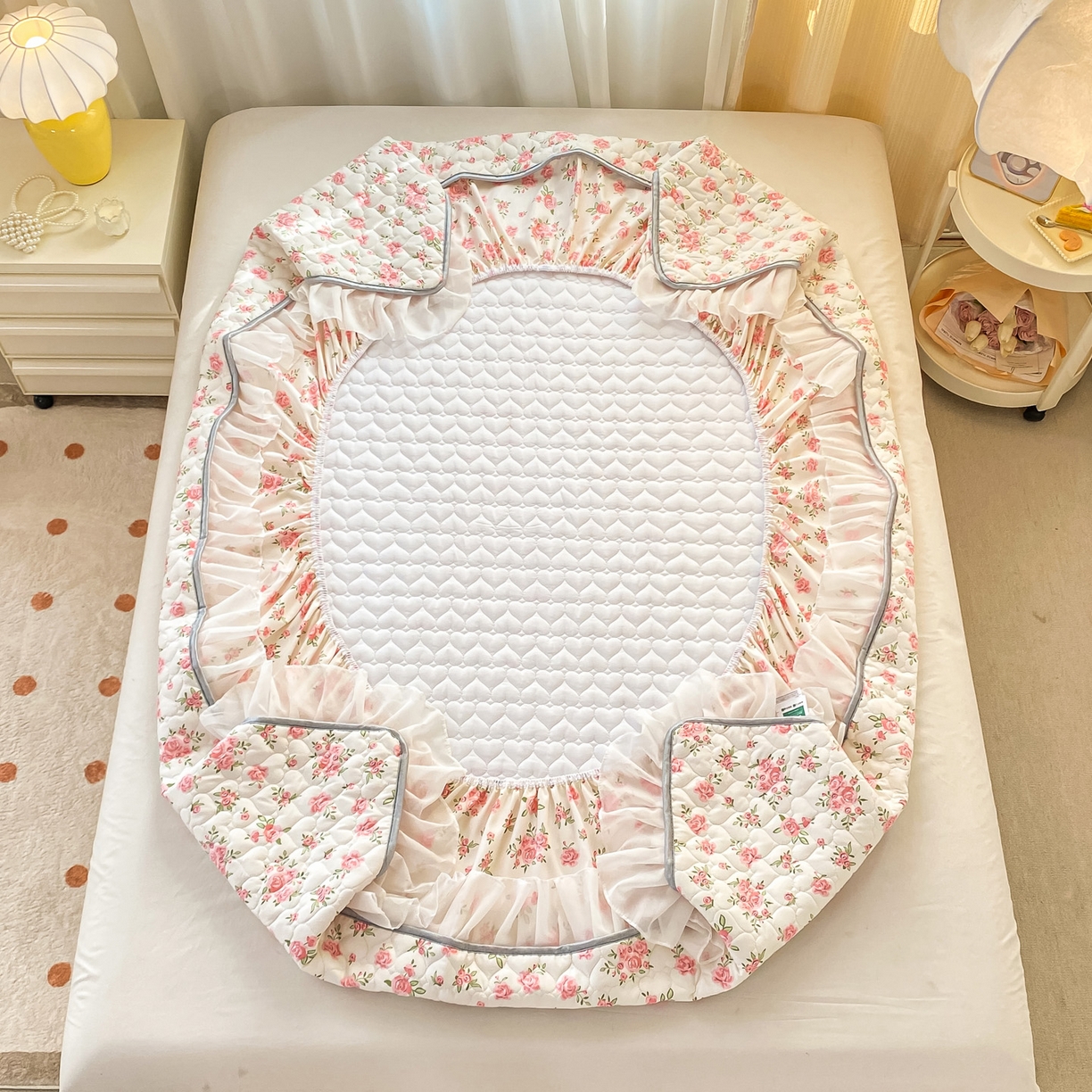 91家纺网 家纺一手货源 找家纺 眠势力 2025新款韩版花边夹棉床笠单件公主风四季款床垫保护套床罩 粉小花