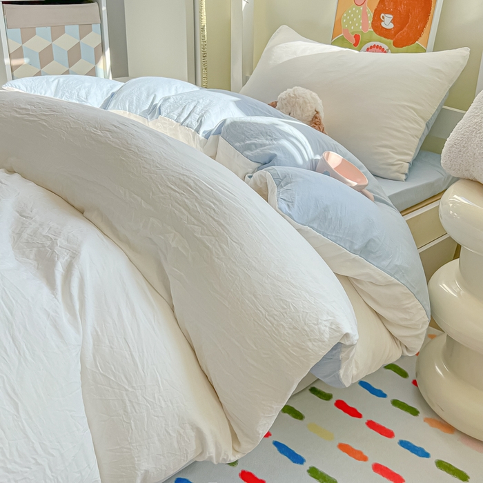 91家纺网 家纺一手货源 找家纺 韩巢家纺 2025新款纯色水洗棉寝室上下铺三件套学生宿舍床上三件套 水洗棉白蓝