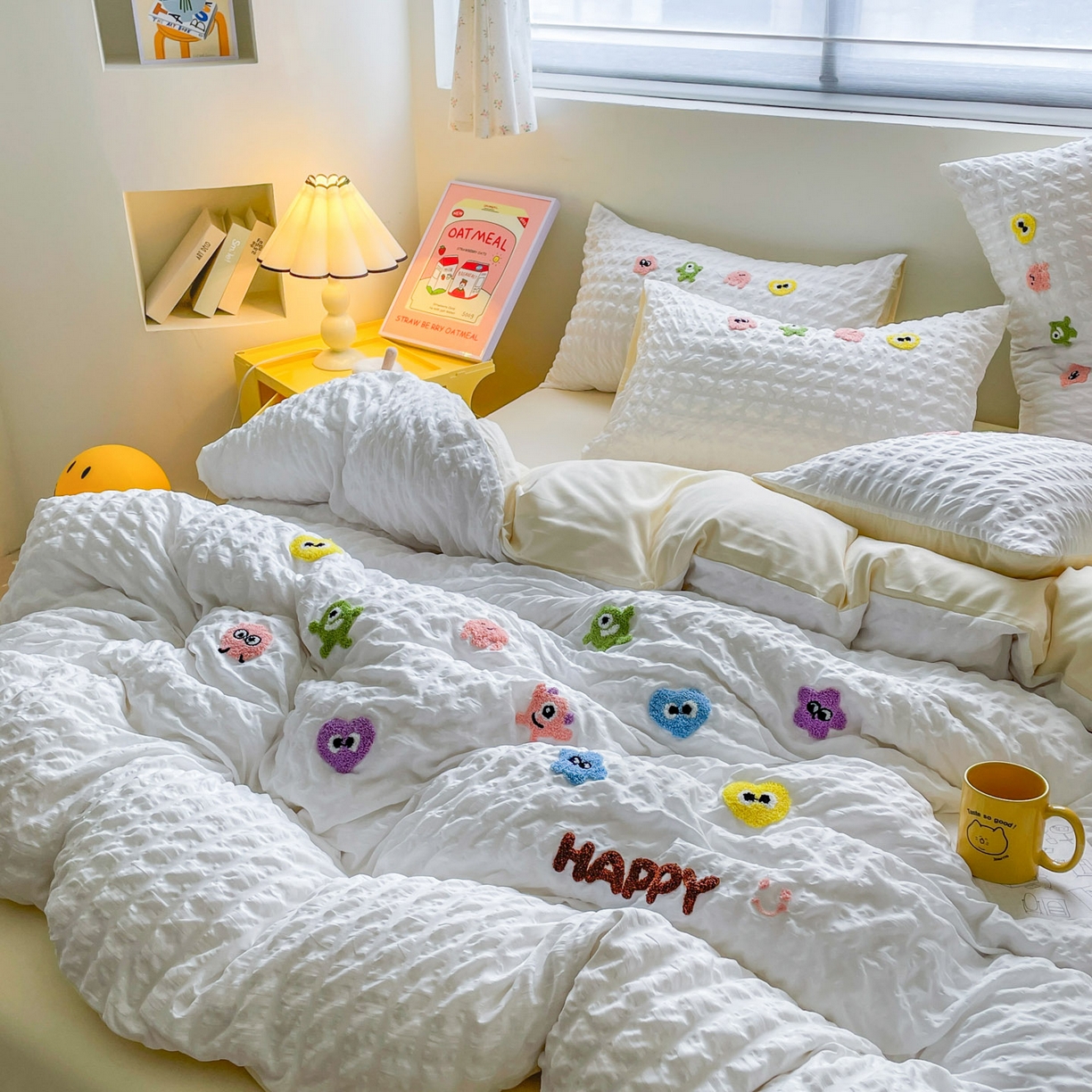 91家纺网 家纺一手货源 找家纺 （总）千希家纺 2025新款高克重超柔泡泡纱毛巾绣泡芙精灵系列四件套