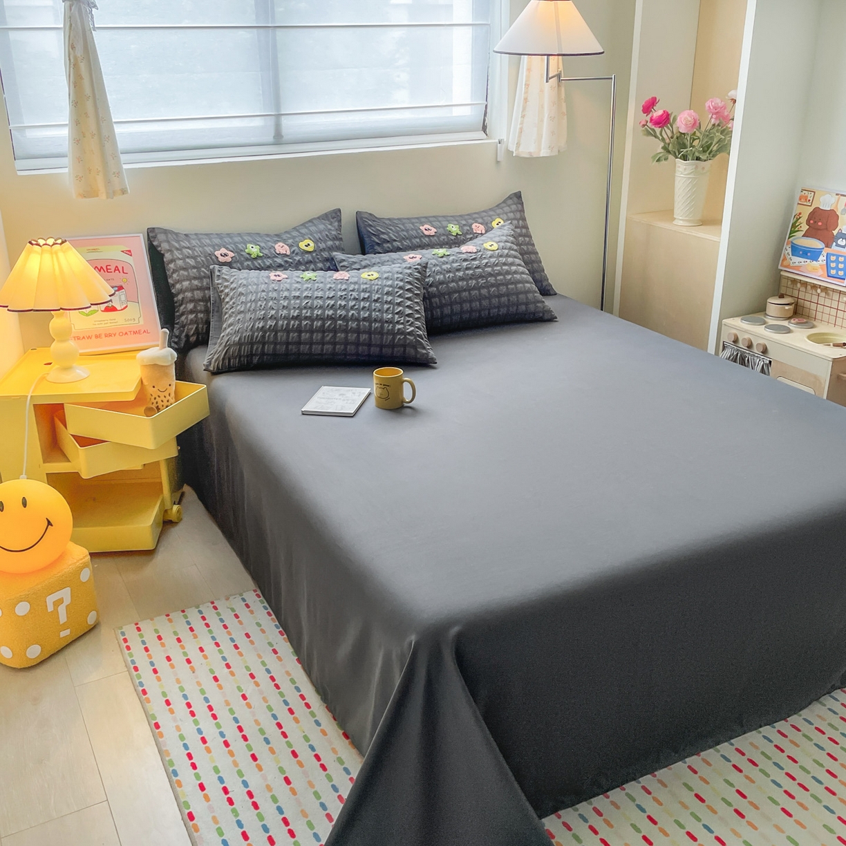 91家纺网 家纺一手货源 找家纺 千希家纺 2025新款高克重超柔泡泡纱毛巾绣泡芙精灵系列四件套 泡芙精灵-绅士灰