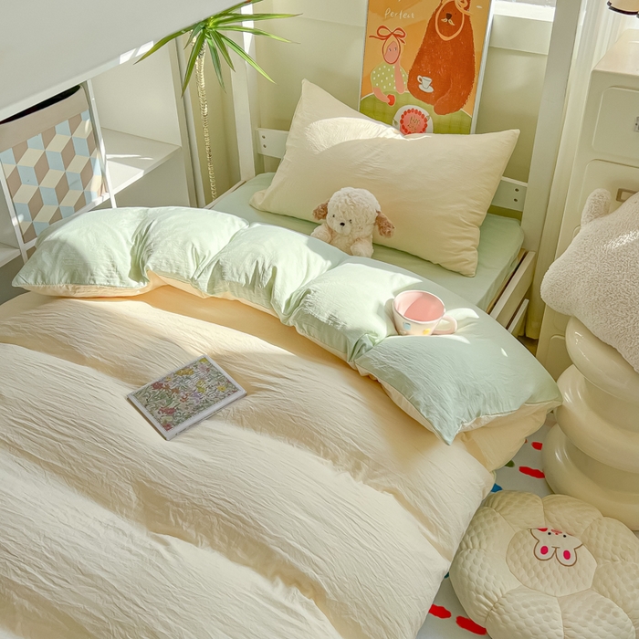 91家纺网 家纺一手货源 找家纺 韩巢家纺 2025新款纯色水洗棉寝室上下铺三件套学生宿舍床上三件套 水洗棉奶黄绿