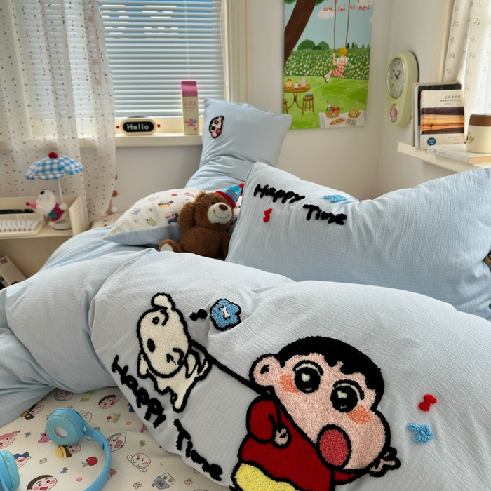 91家纺网 家纺一手货源 找家纺 三元色 2025新款云感毛巾绣四件套 调皮小新