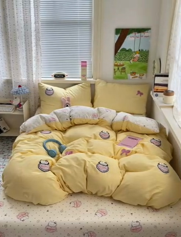 91家纺网 家纺一手货源 找家纺 三元色 2025新款云感毛巾绣四件套 爱心猫咪-黄