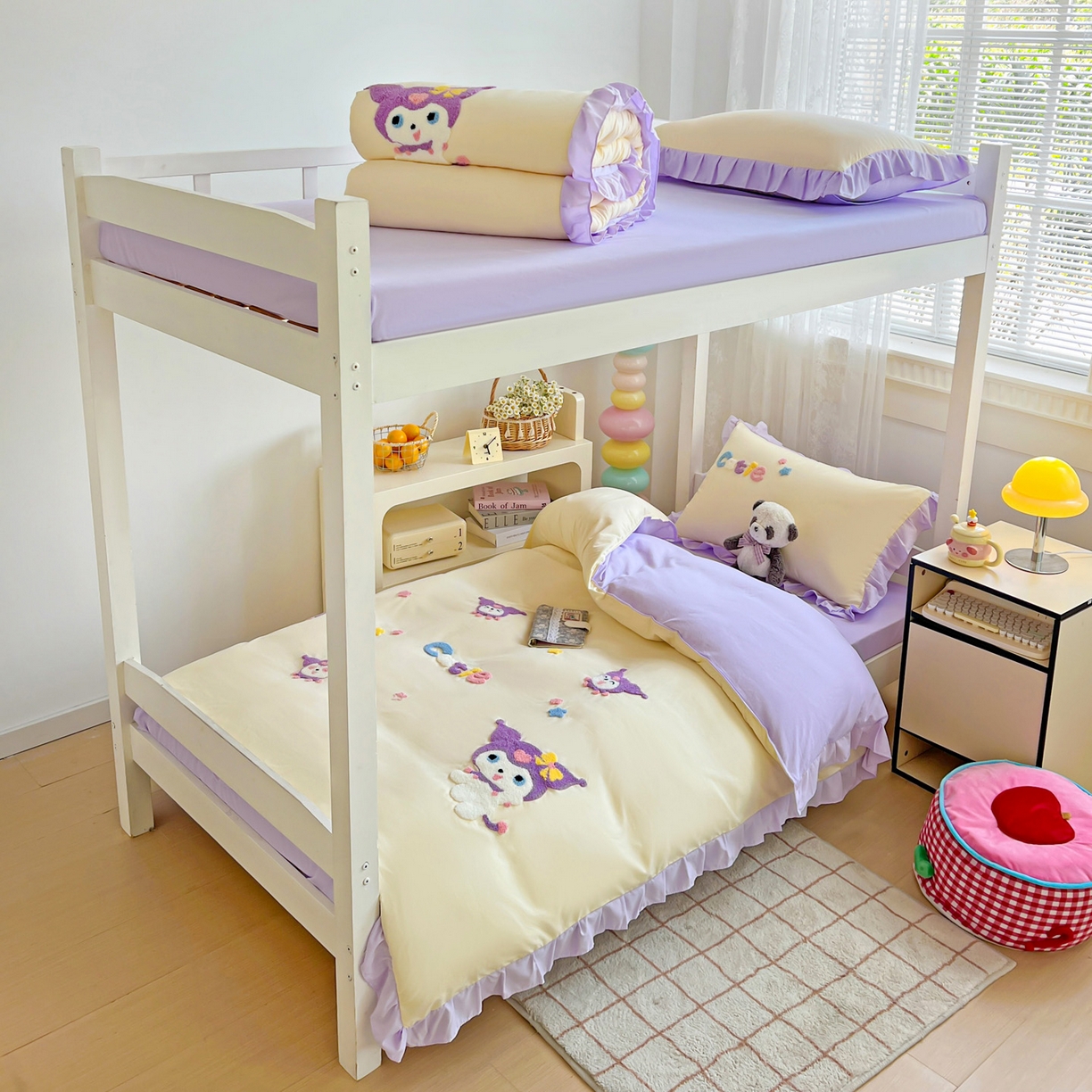 91家纺网 家纺一手货源 找家纺 雨菲家纺 2025新款学生季水洗棉毛巾绣花荷叶花边三件套四件套床单床笠款 米米兔杏紫