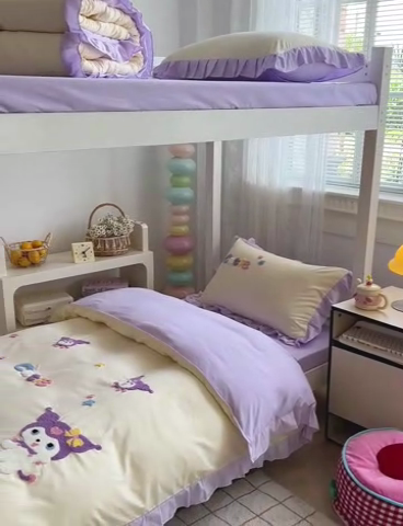 91家纺网 家纺一手货源 找家纺 雨菲家纺 2025新款学生季水洗棉毛巾绣花荷叶花边三件套四件套床单床笠款 米米兔杏紫