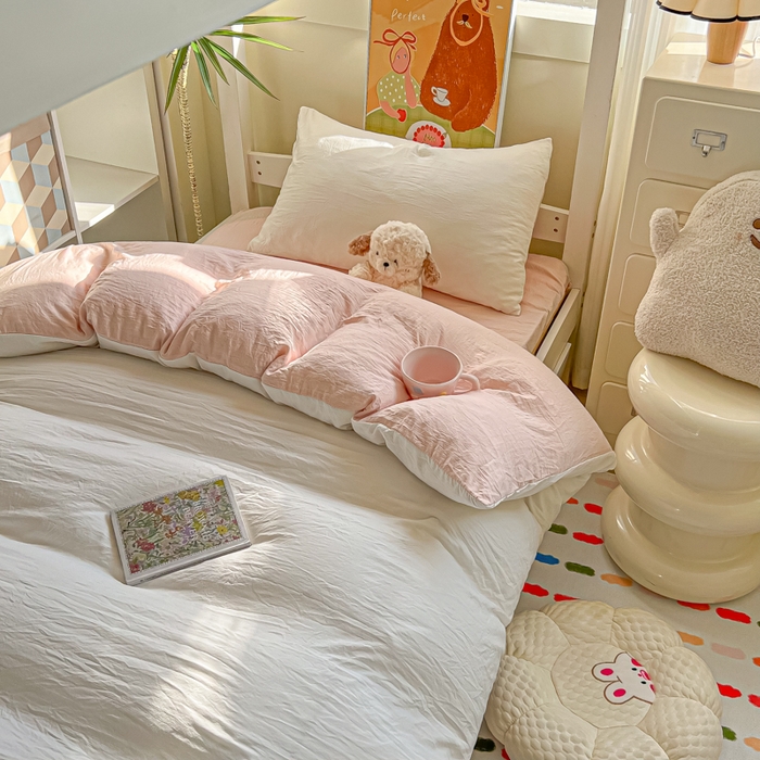 91家纺网 家纺一手货源 找家纺 韩巢家纺 2025新款纯色水洗棉寝室上下铺三件套学生宿舍床上三件套 水洗棉白浅粉