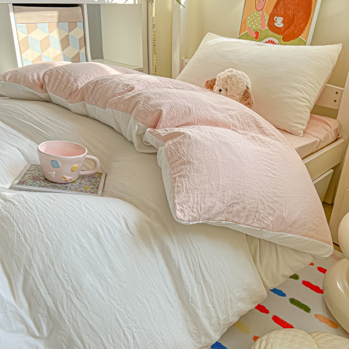 91家纺网 家纺一手货源 找家纺 韩巢家纺 2025新款纯色水洗棉寝室上下铺三件套学生宿舍床上三件套 水洗棉白浅粉