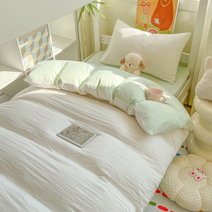 91家纺网 家纺一手货源 找家纺 韩巢家纺 2025新款纯色水洗棉寝室上下铺三件套学生宿舍床上三件套 水洗棉白绿