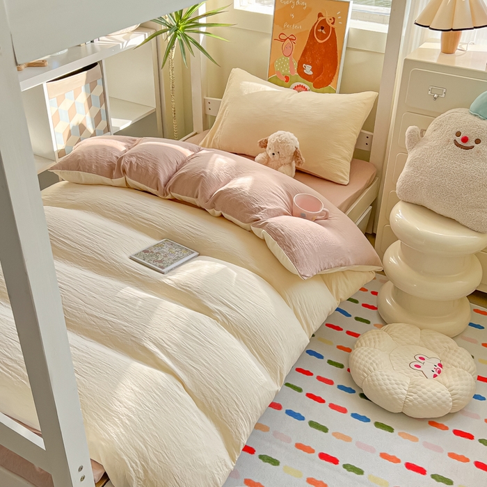 91家纺网 家纺一手货源 找家纺 韩巢家纺 2025新款纯色水洗棉寝室上下铺三件套学生宿舍床上三件套 水洗棉奶黄咖