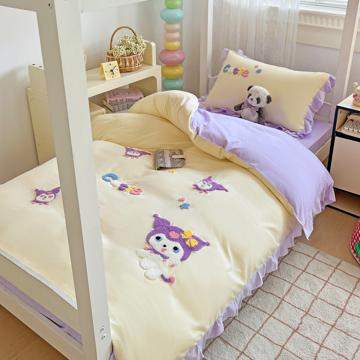 91家纺网 家纺一手货源 找家纺 雨菲家纺 2025新款学生季水洗棉毛巾绣花荷叶花边三件套四件套床单床笠款 米米兔杏紫