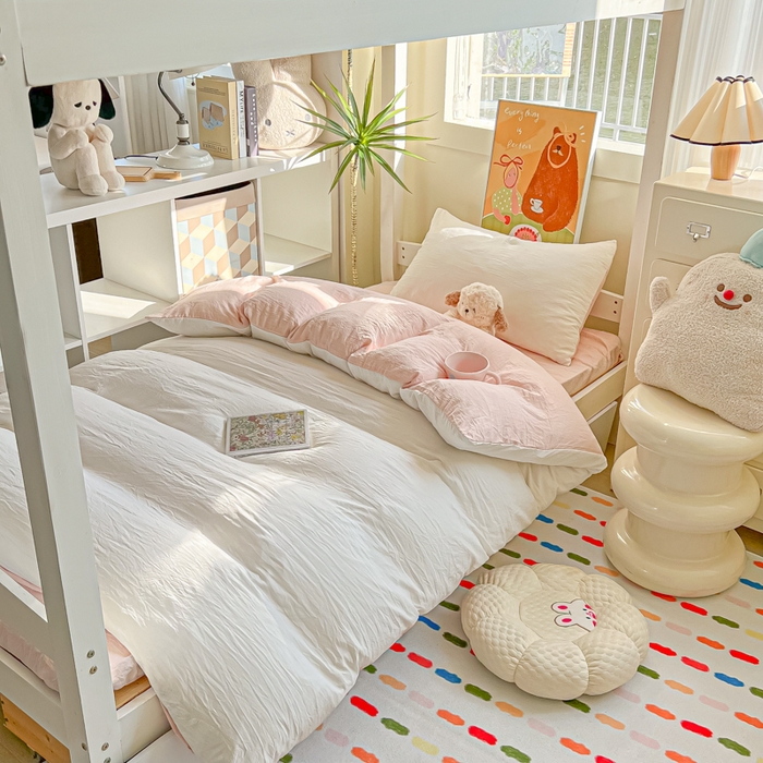 91家纺网 家纺一手货源 找家纺 韩巢家纺 2025新款纯色水洗棉寝室上下铺三件套学生宿舍床上三件套 水洗棉白浅粉