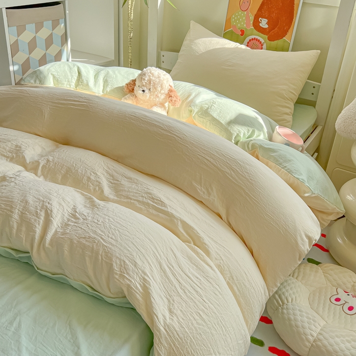 91家纺网 家纺一手货源 找家纺 韩巢家纺 2025新款纯色水洗棉寝室上下铺三件套学生宿舍床上三件套 水洗棉奶黄绿