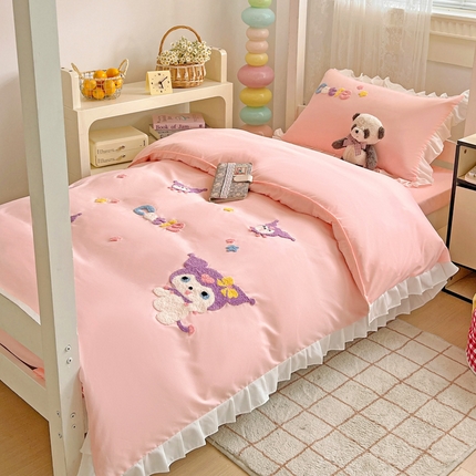 91家纺网 家纺一手货源 找家纺 （总）雨菲家纺 2025新款学生季水洗棉毛巾绣花荷叶花边三件套四件套床单床笠款