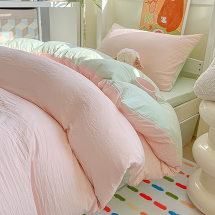 韩巢家纺 2025新款纯色水洗棉寝室上下铺三件套学生宿舍床上三件套 水洗棉浅粉绿