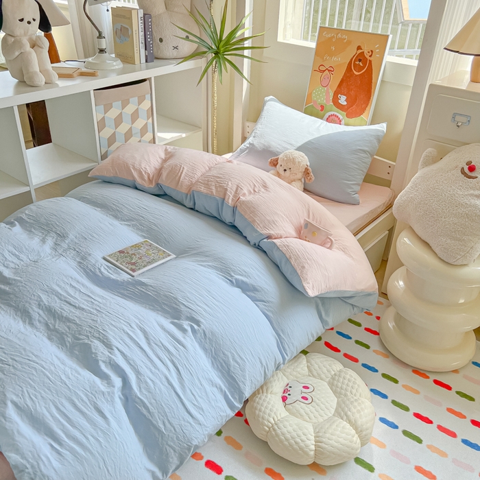 91家纺网 家纺一手货源 找家纺 韩巢家纺 2025新款纯色水洗棉寝室上下铺三件套学生宿舍床上三件套 水洗棉蓝粉