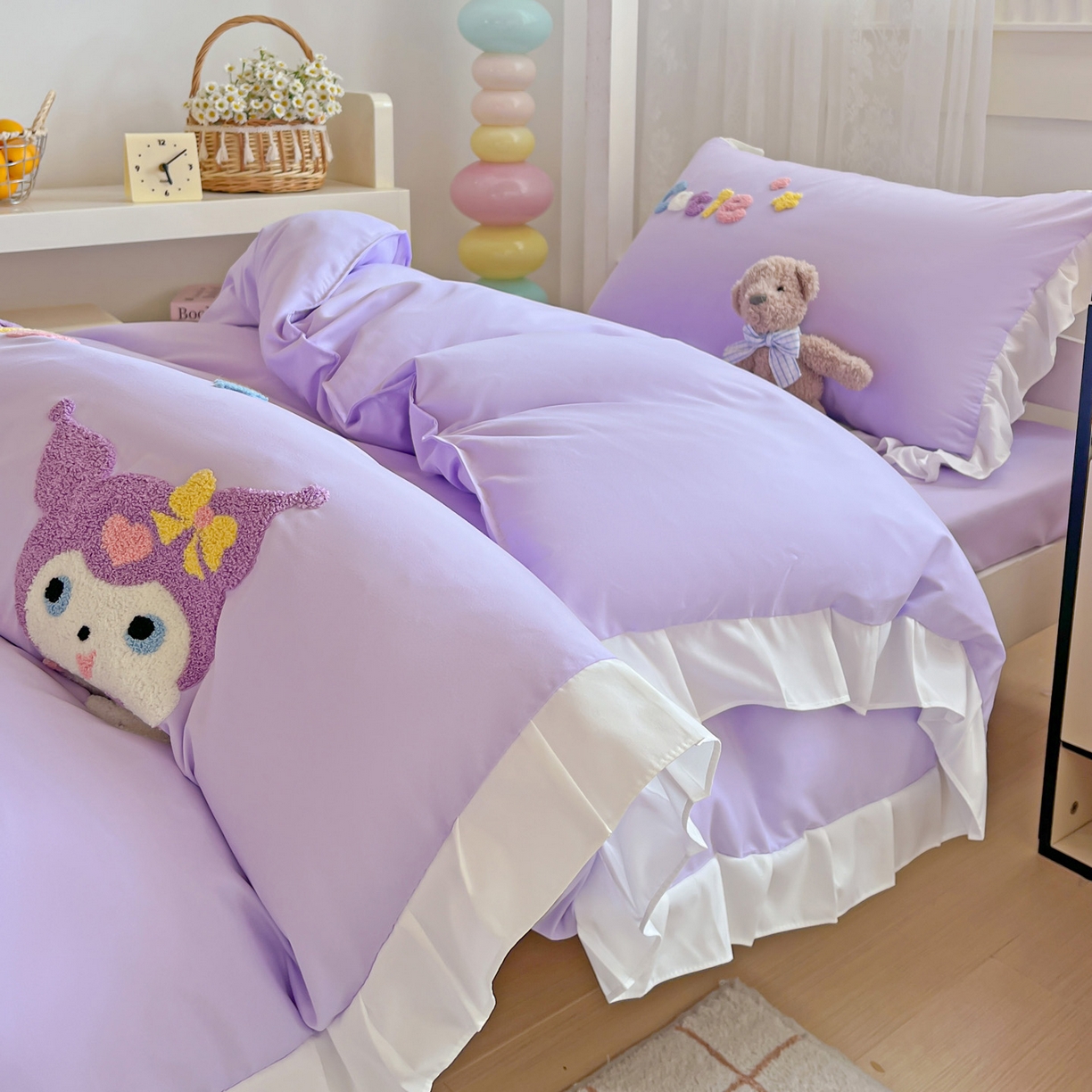 91家纺网 家纺一手货源 找家纺 雨菲家纺 2025新款学生季水洗棉毛巾绣花荷叶花边三件套四件套床单床笠款 米米兔紫