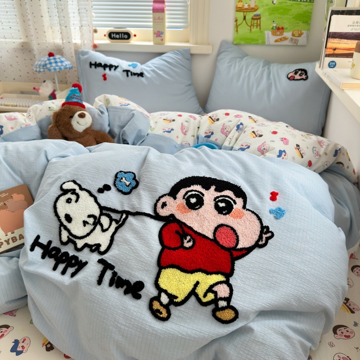 91家纺网 家纺一手货源 找家纺 三元色 2025新款云感毛巾绣四件套 调皮小新