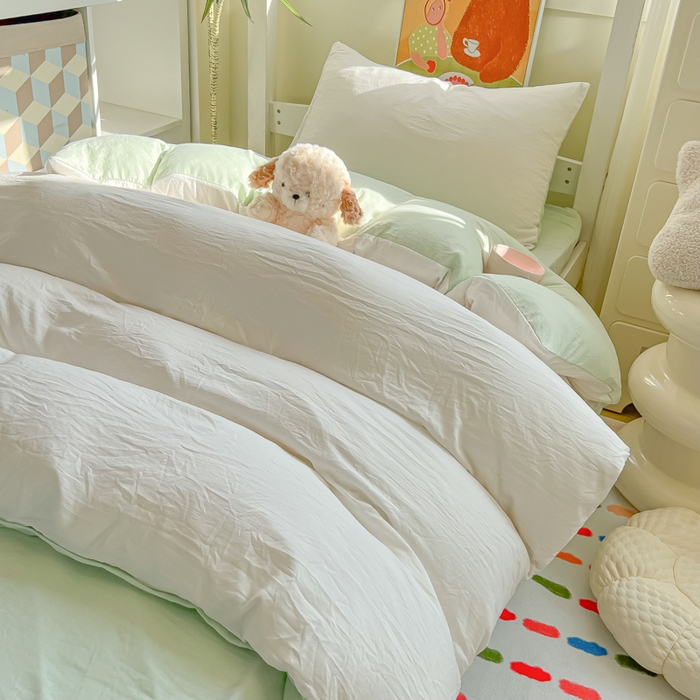 91家纺网 家纺一手货源 找家纺 韩巢家纺 2025新款纯色水洗棉寝室上下铺三件套学生宿舍床上三件套 水洗棉白绿