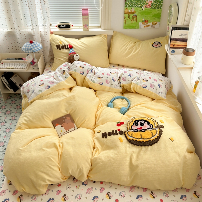 91家纺网 家纺一手货源 找家纺 三元色 2025新款云感毛巾绣四件套 榴莲小新