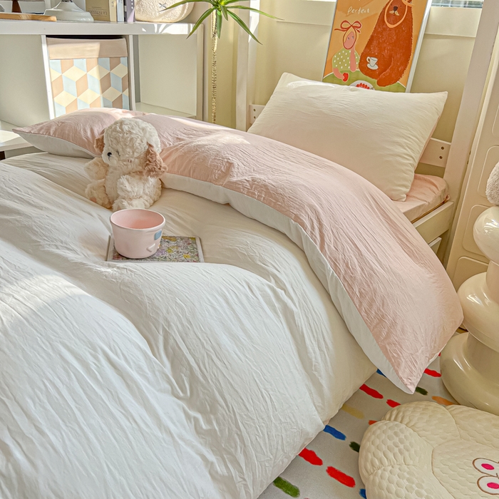 91家纺网 家纺一手货源 找家纺 韩巢家纺 2025新款纯色水洗棉寝室上下铺三件套学生宿舍床上三件套 水洗棉白浅粉