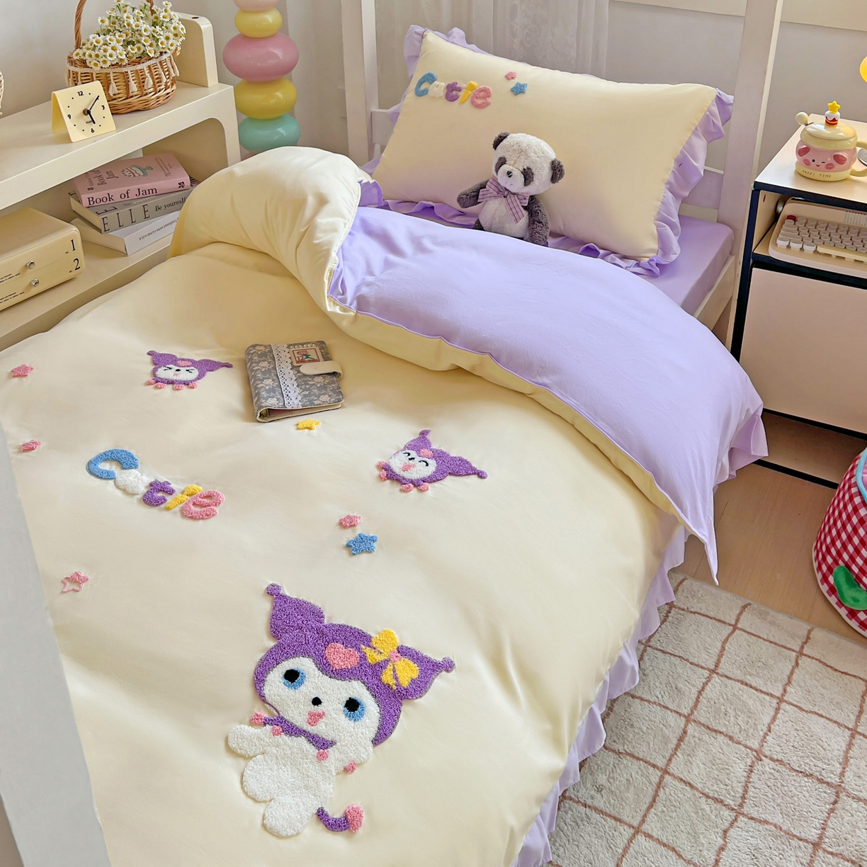 91家纺网 家纺一手货源 找家纺 雨菲家纺 2025新款学生季水洗棉毛巾绣花荷叶花边三件套四件套床单床笠款 米米兔杏紫