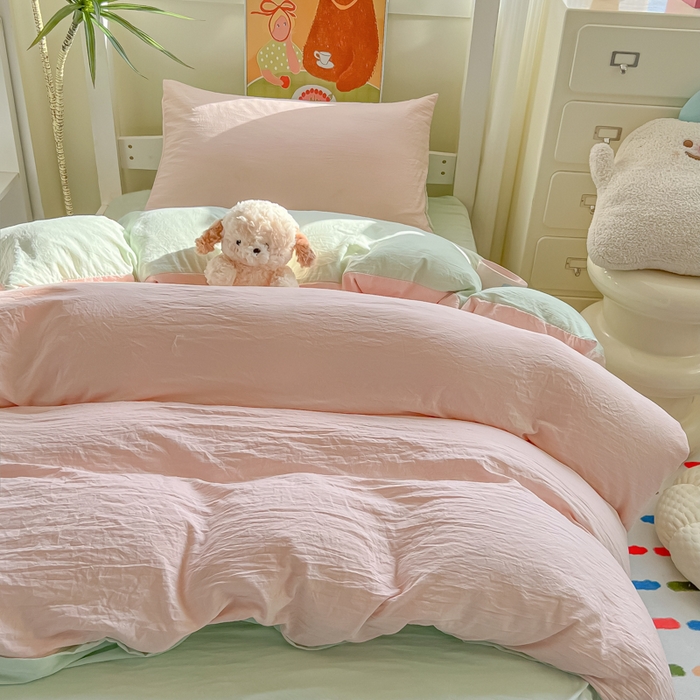 91家纺网 家纺一手货源 找家纺 韩巢家纺 2025新款纯色水洗棉寝室上下铺三件套学生宿舍床上三件套 水洗棉浅粉绿