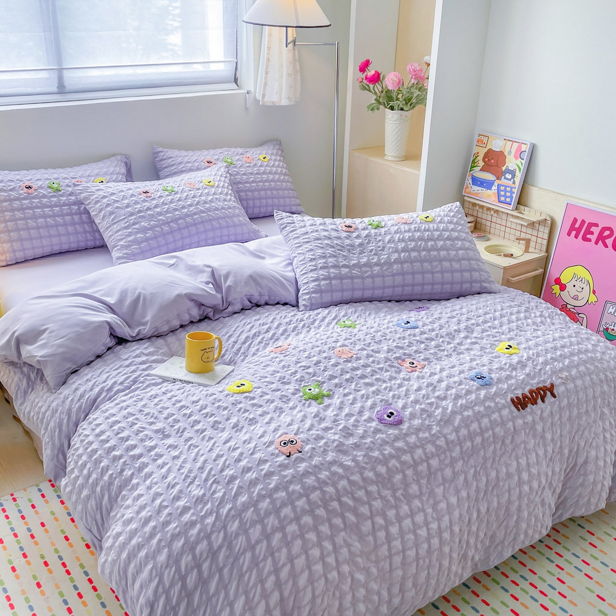 91家纺网 家纺一手货源 找家纺 千希家纺 2025新款高克重超柔泡泡纱毛巾绣泡芙精灵系列四件套 泡芙精灵-香芋紫