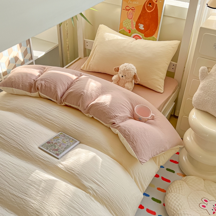 91家纺网 家纺一手货源 找家纺 韩巢家纺 2025新款纯色水洗棉寝室上下铺三件套学生宿舍床上三件套 水洗棉奶黄咖