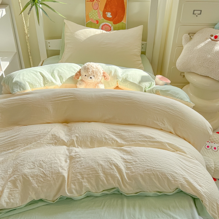 91家纺网 家纺一手货源 找家纺 韩巢家纺 2025新款纯色水洗棉寝室上下铺三件套学生宿舍床上三件套 水洗棉奶黄绿
