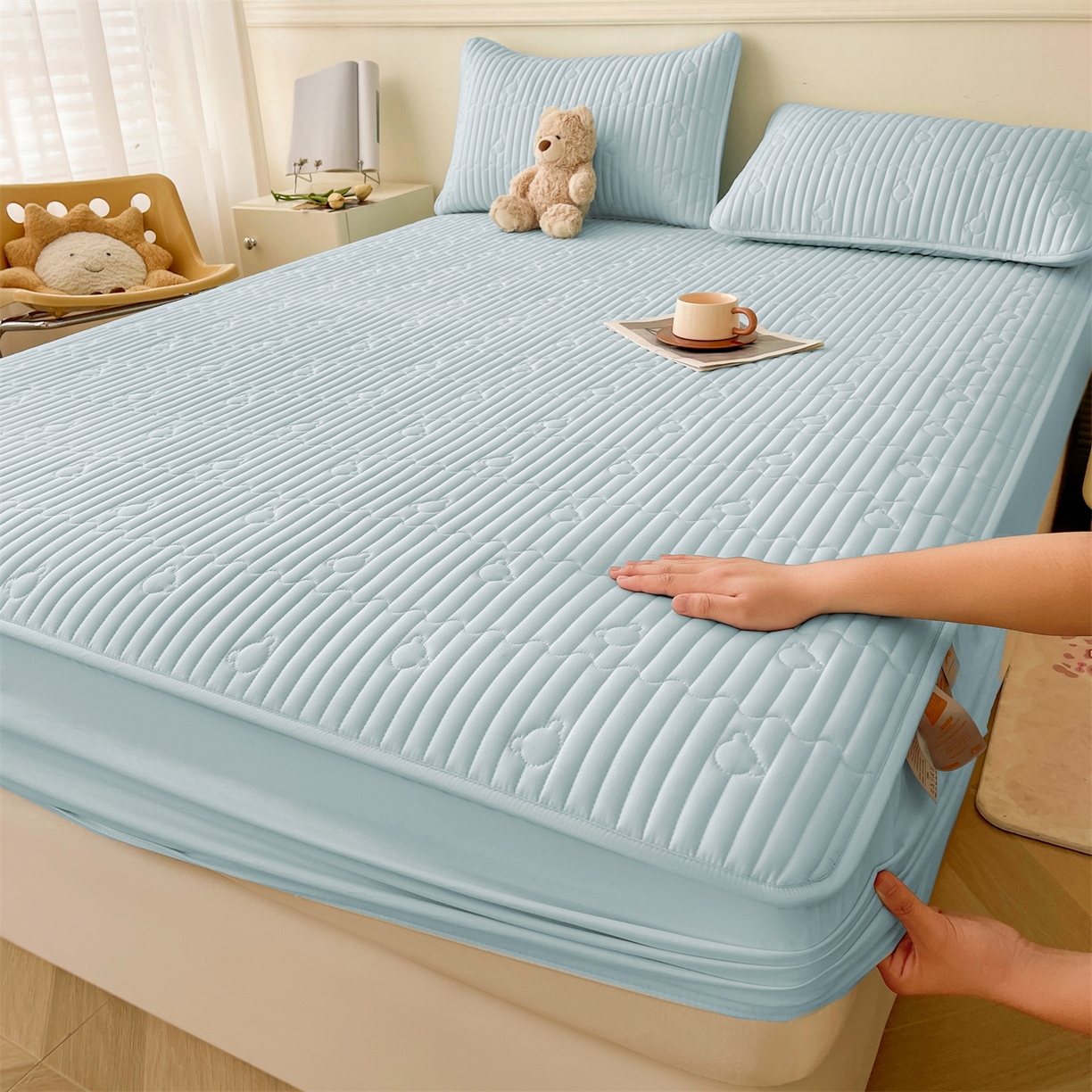 雯豆家纺 2025新款洛川A类夹棉床笠三件套水洗棉磨毛纯色床护垫床单保护套 洛川-淡水蓝