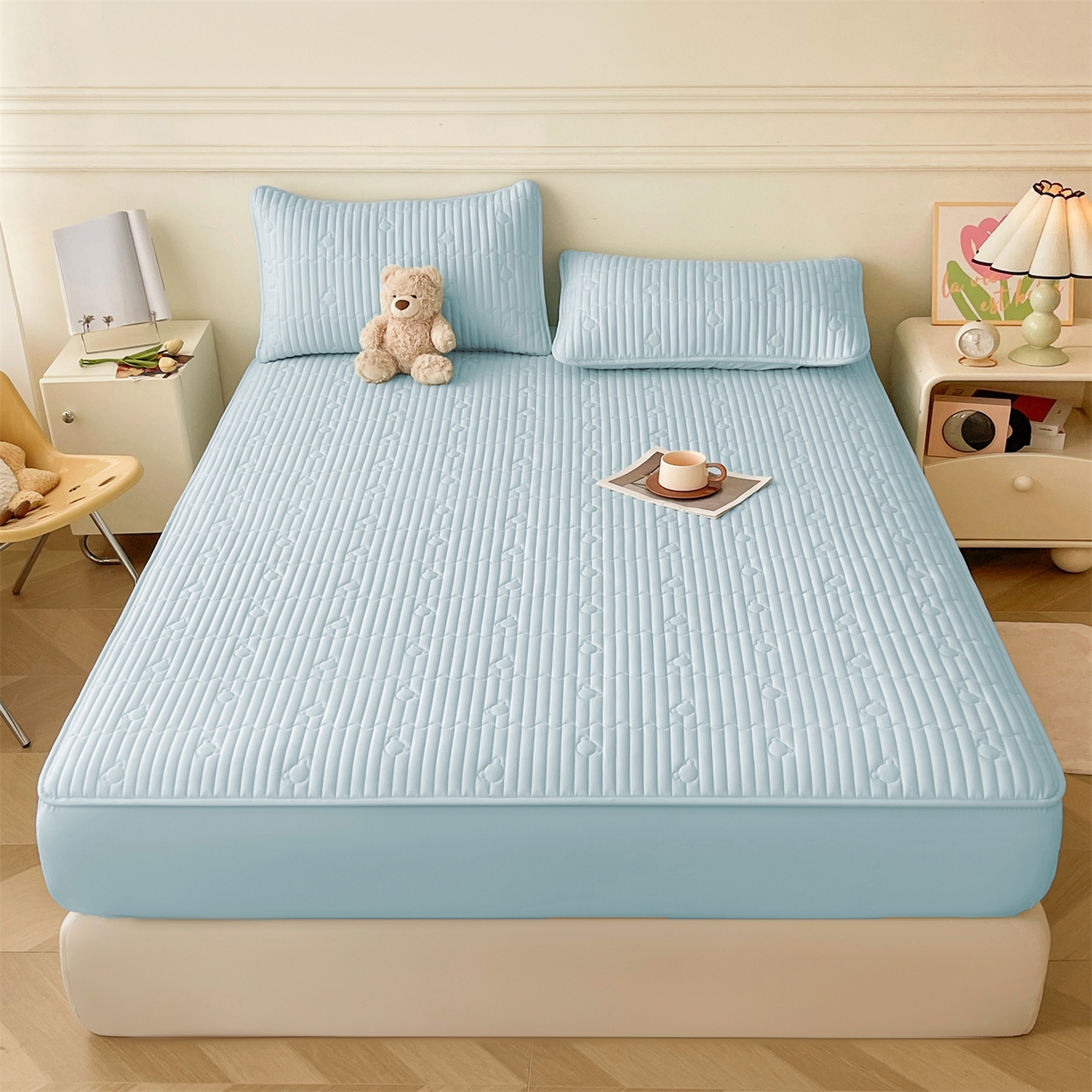 91家纺网 家纺一手货源 找家纺 雯豆家纺 2025新款洛川A类夹棉床笠三件套水洗棉磨毛纯色床护垫床单保护套 洛川-淡水蓝