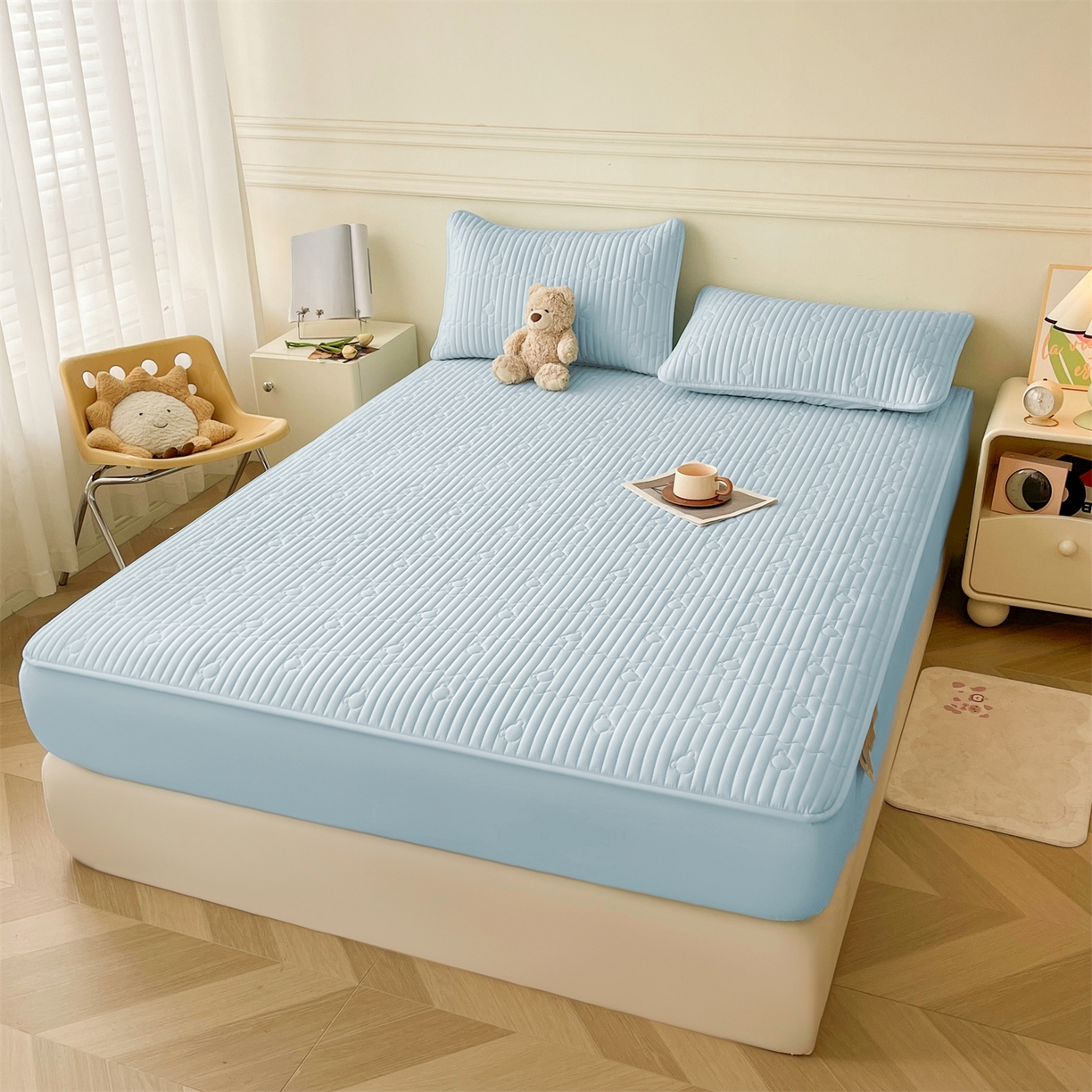 91家纺网 家纺一手货源 找家纺 雯豆家纺 2025新款洛川A类夹棉床笠三件套水洗棉磨毛纯色床护垫床单保护套 洛川-淡水蓝