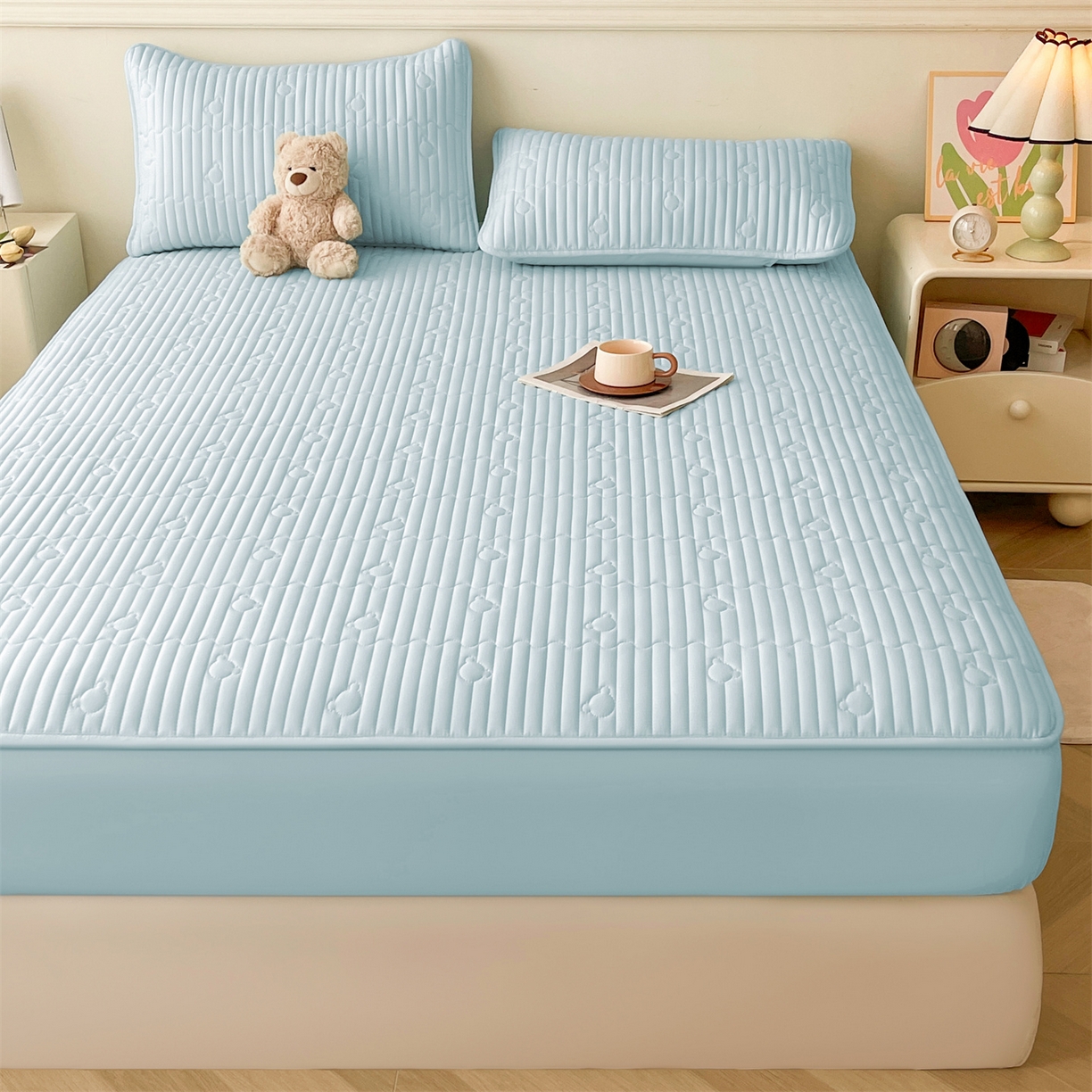 91家纺网 家纺一手货源 找家纺 雯豆家纺 2025新款洛川A类夹棉床笠三件套水洗棉磨毛纯色床护垫床单保护套 洛川-淡水蓝