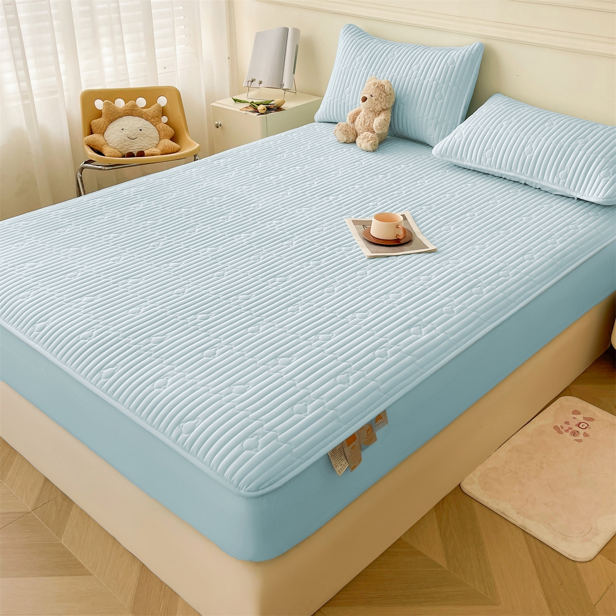 91家纺网 家纺一手货源 找家纺 雯豆家纺 2025新款洛川A类夹棉床笠三件套水洗棉磨毛纯色床护垫床单保护套 洛川-淡水蓝