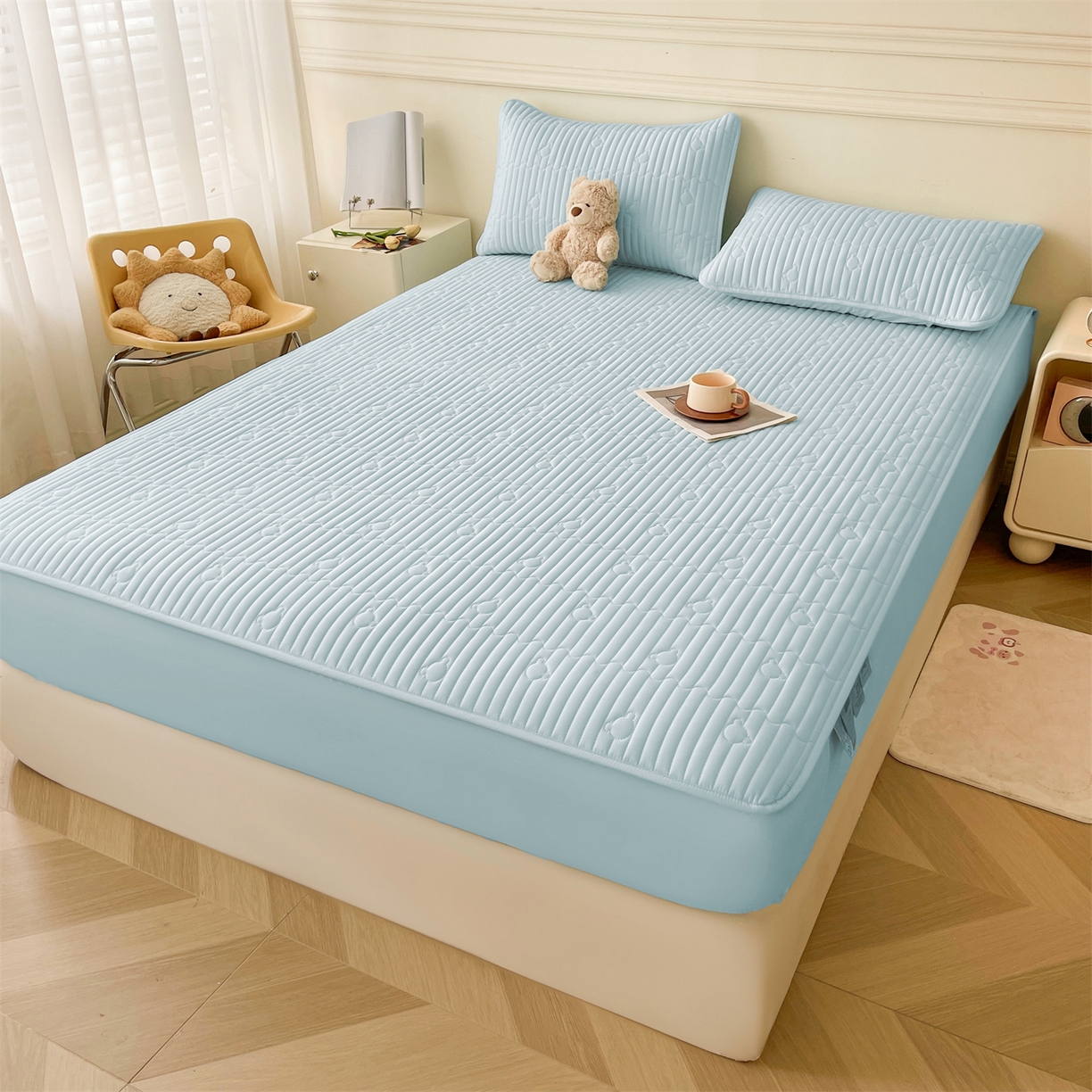 91家纺网 家纺一手货源 找家纺 雯豆家纺 2025新款洛川A类夹棉床笠三件套水洗棉磨毛纯色床护垫床单保护套 洛川-淡水蓝