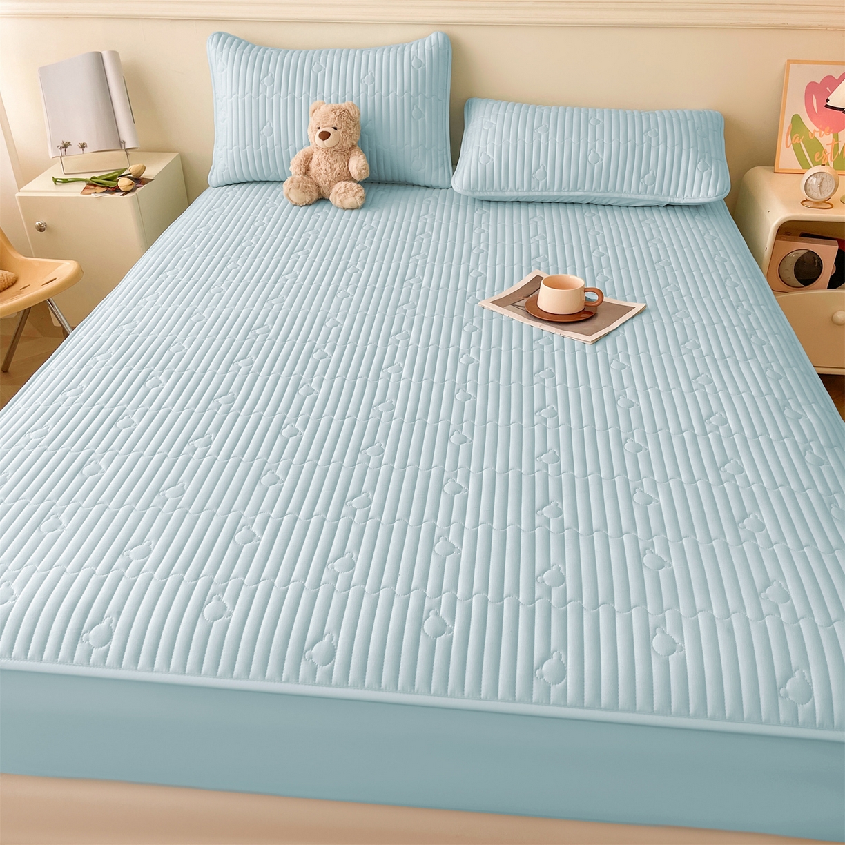 91家纺网 家纺一手货源 找家纺 雯豆家纺 2025新款洛川A类夹棉床笠三件套水洗棉磨毛纯色床护垫床单保护套 洛川-淡水蓝