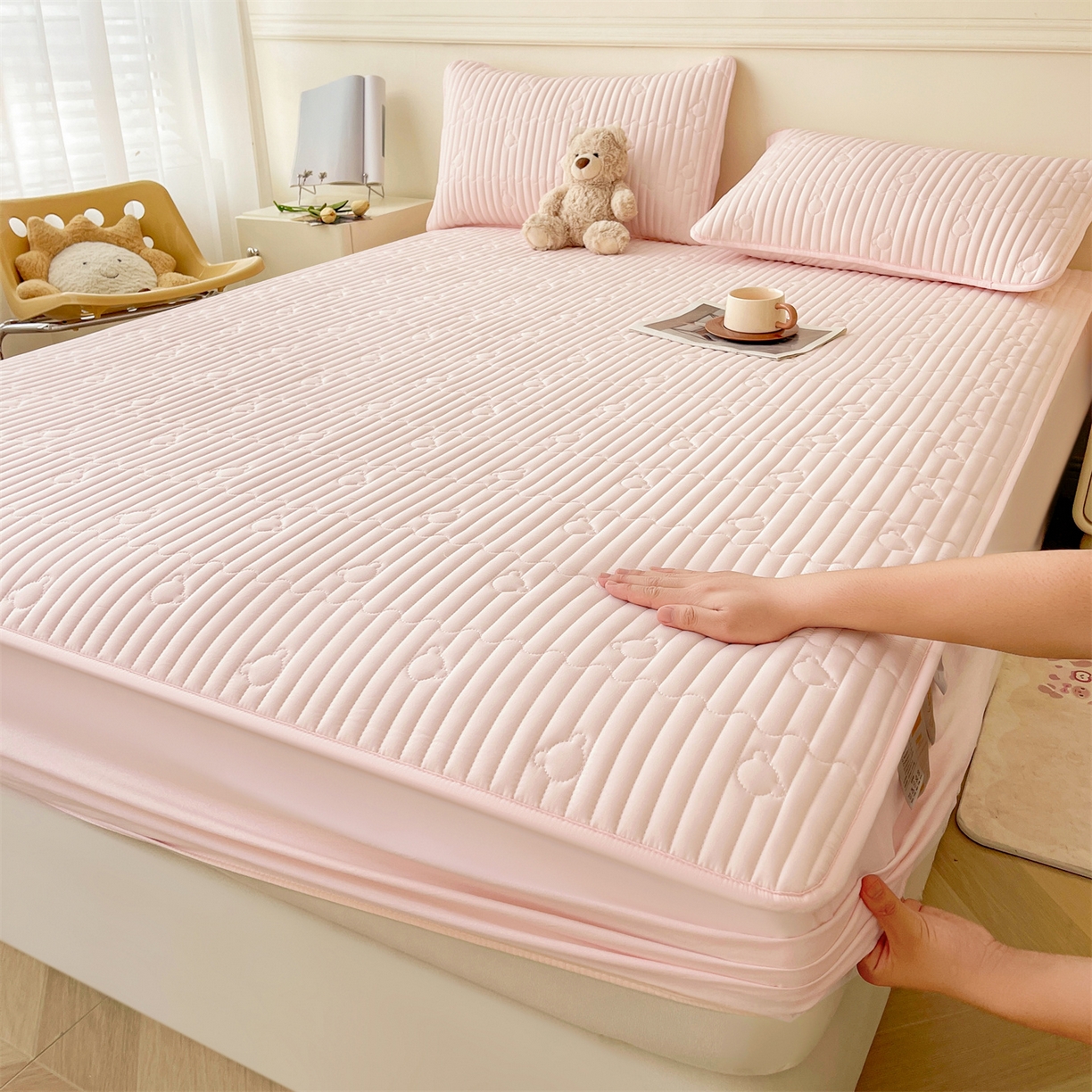 雯豆家纺 2025新款洛川A类夹棉床笠三件套水洗棉磨毛纯色床护垫床单保护套 洛川-密合粉