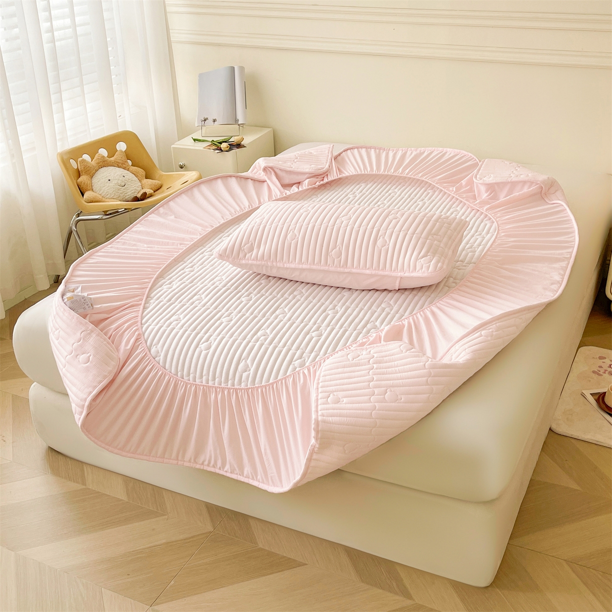 91家纺网 家纺一手货源 找家纺 雯豆家纺 2025新款洛川A类夹棉床笠三件套水洗棉磨毛纯色床护垫床单保护套 洛川-密合粉